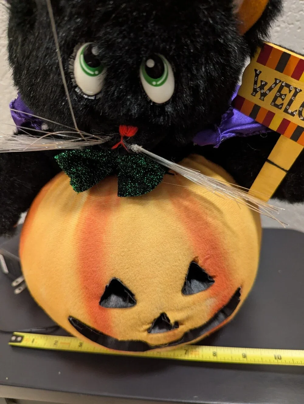 Vintage Halloween Fiber Optic Black Cat In Pumpkin Hat Cape in Pumpkin 12